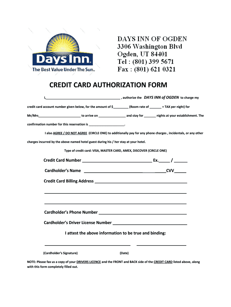 Days Inn Montrose Colorado Credit Card Authorization - Fill Inside Hotel Credit Card Authorization Form Template
