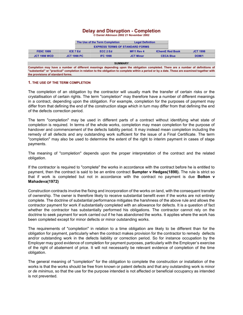 Delay And Disruption – Completion Inside Practical Completion Certificate Template Jct