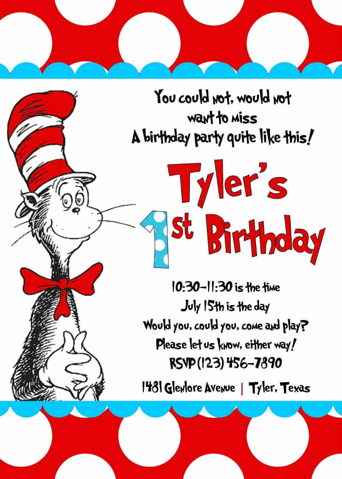 Details About Cat In The Hat Invitations, Kids Birthday In Dr Seuss Birthday Card Template
