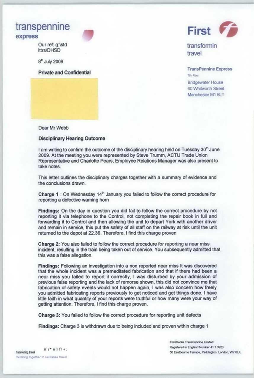 Disciplinary Hearing Outcome Letter – Transpennine Express In Investigation Report Template Disciplinary Hearing