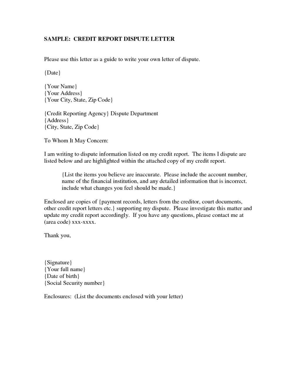 Dispute Letter To Credit Bureau Template The Biggest Throughout Credit Report Dispute Letter Template