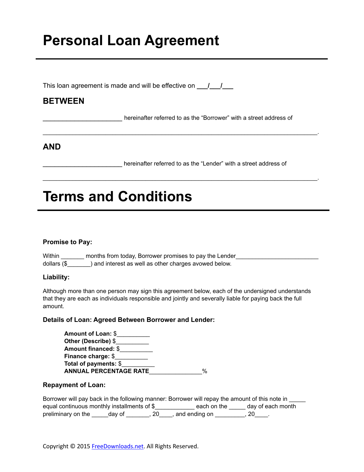 Download Personal Loan Agreement Template | Pdf | Rtf | Word Regarding Blank Loan Agreement Template