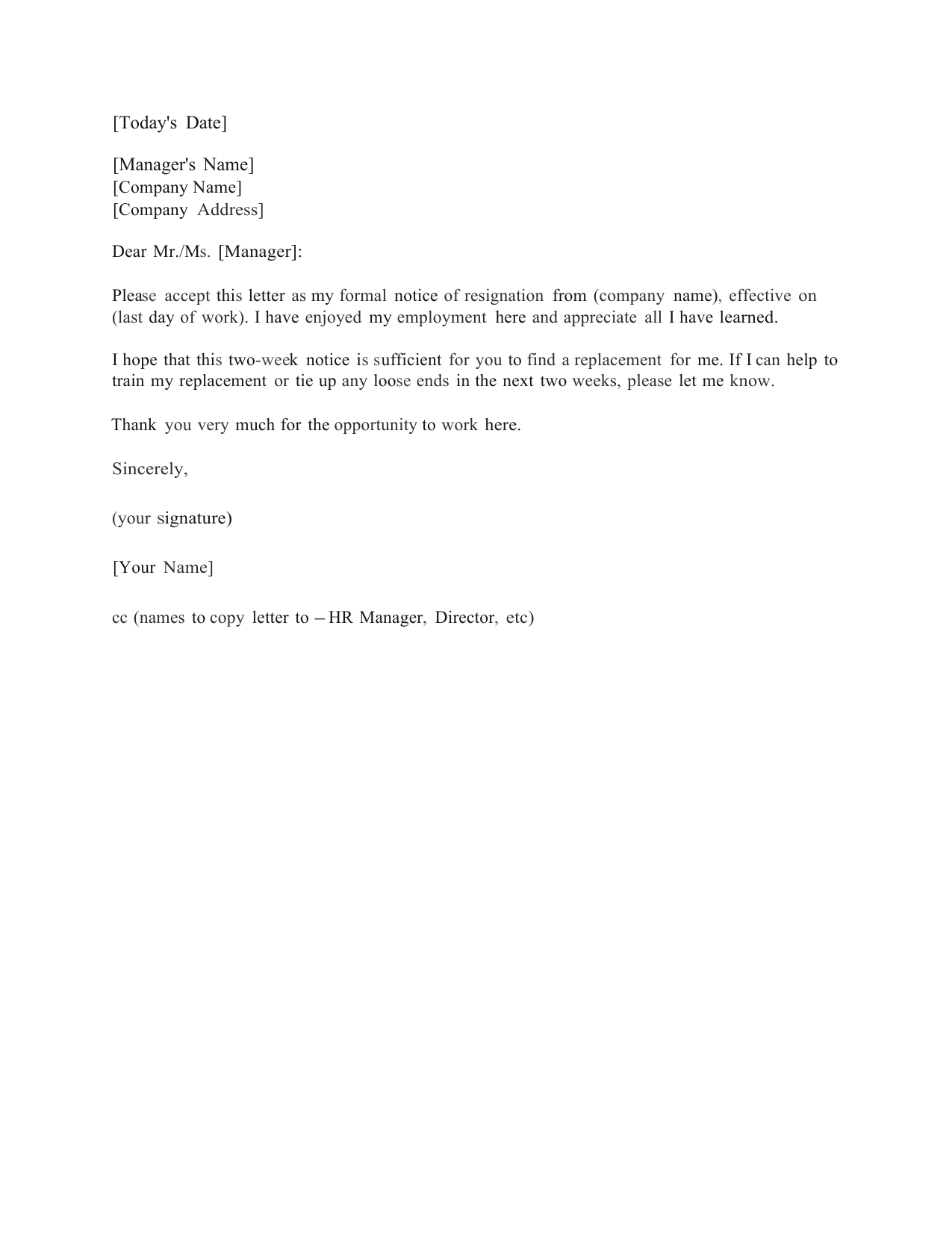 Download Standard Two (2) Weeks Notice Letter Template And With Two Week Notice Template Word