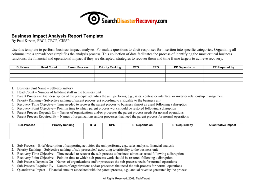 Downloadable Business Impact Analysis Template Pertaining To Business Analyst Report Template