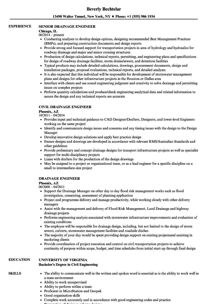 Drainage Engineer Resume Samples | Velvet Jobs In Drainage Report Template