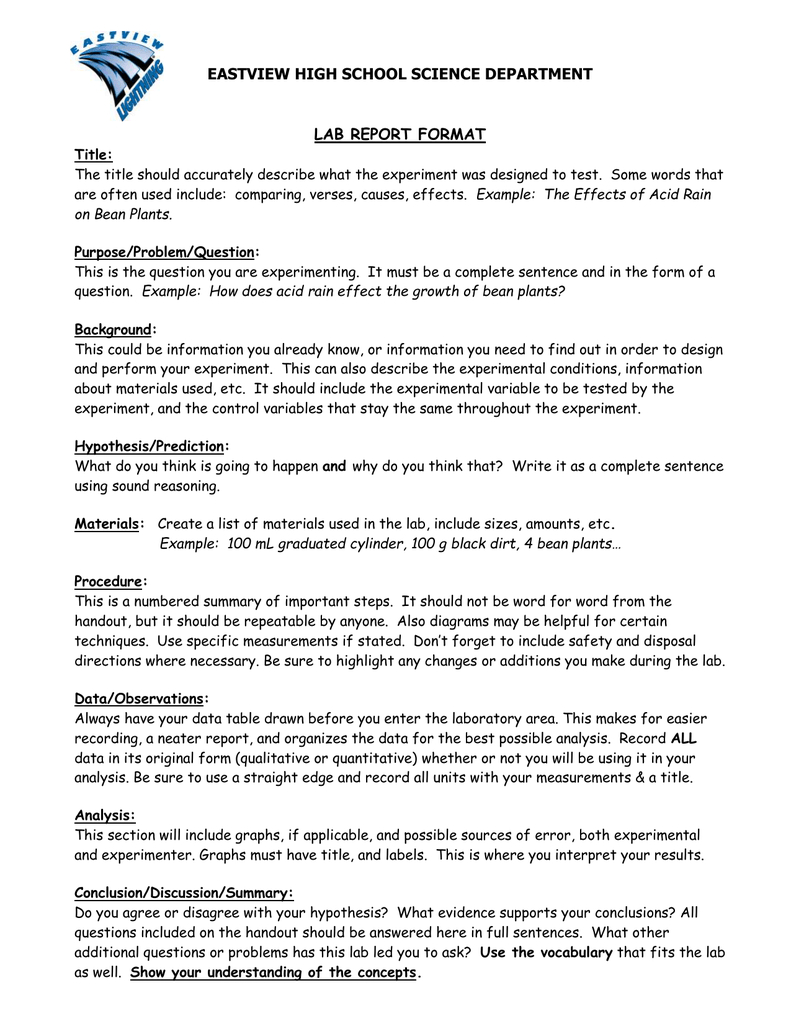 Eastview High School Science Department Lab Report Format Within Lab Report Template Word