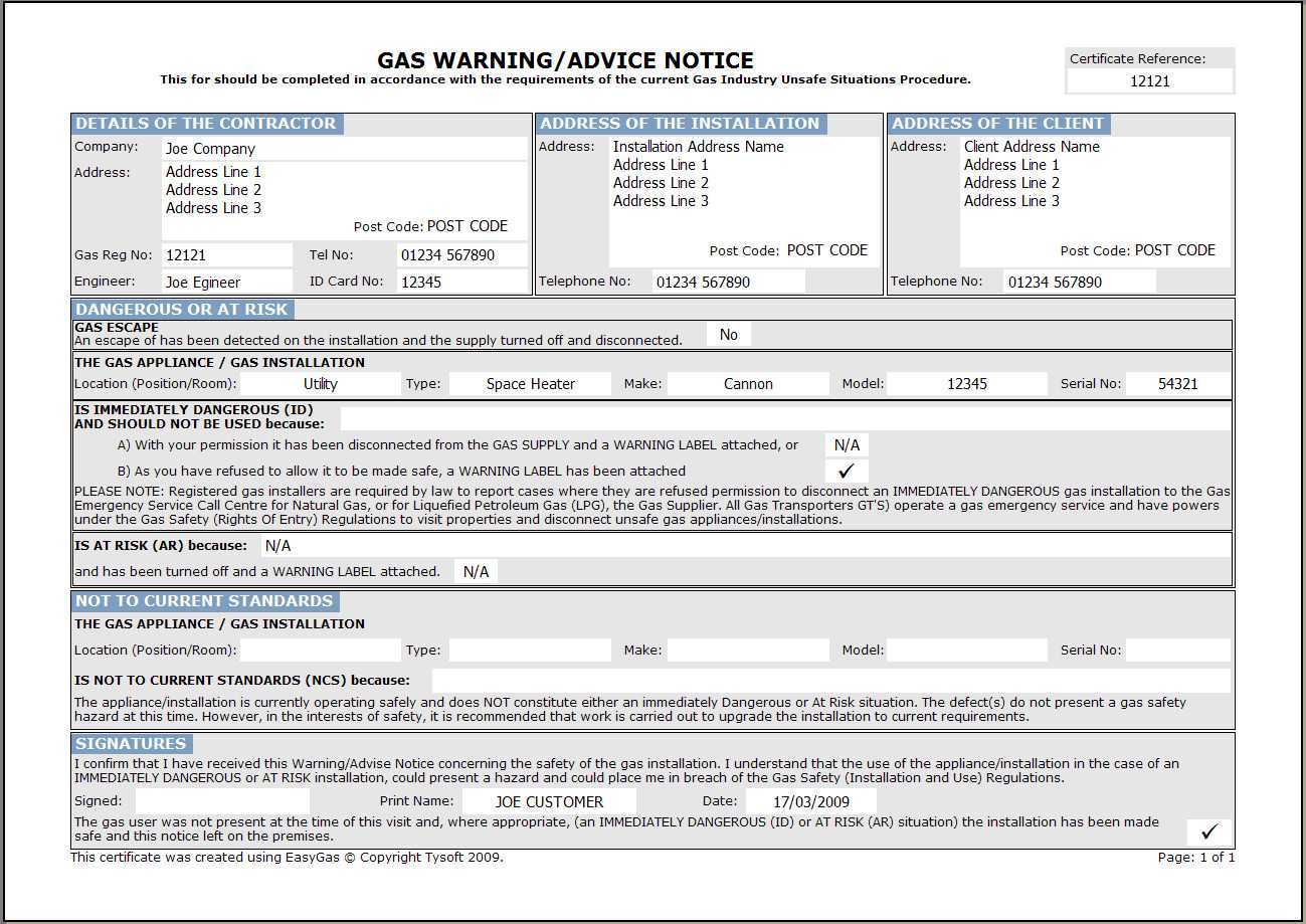 Easygas Certification Software In Minor Electrical Installation Works Certificate Template