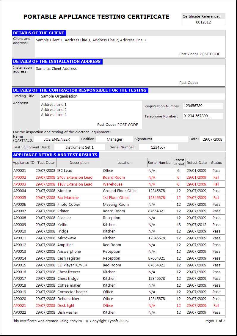 Easypat Portable Appliance Testing Software For Megger Test Report Template