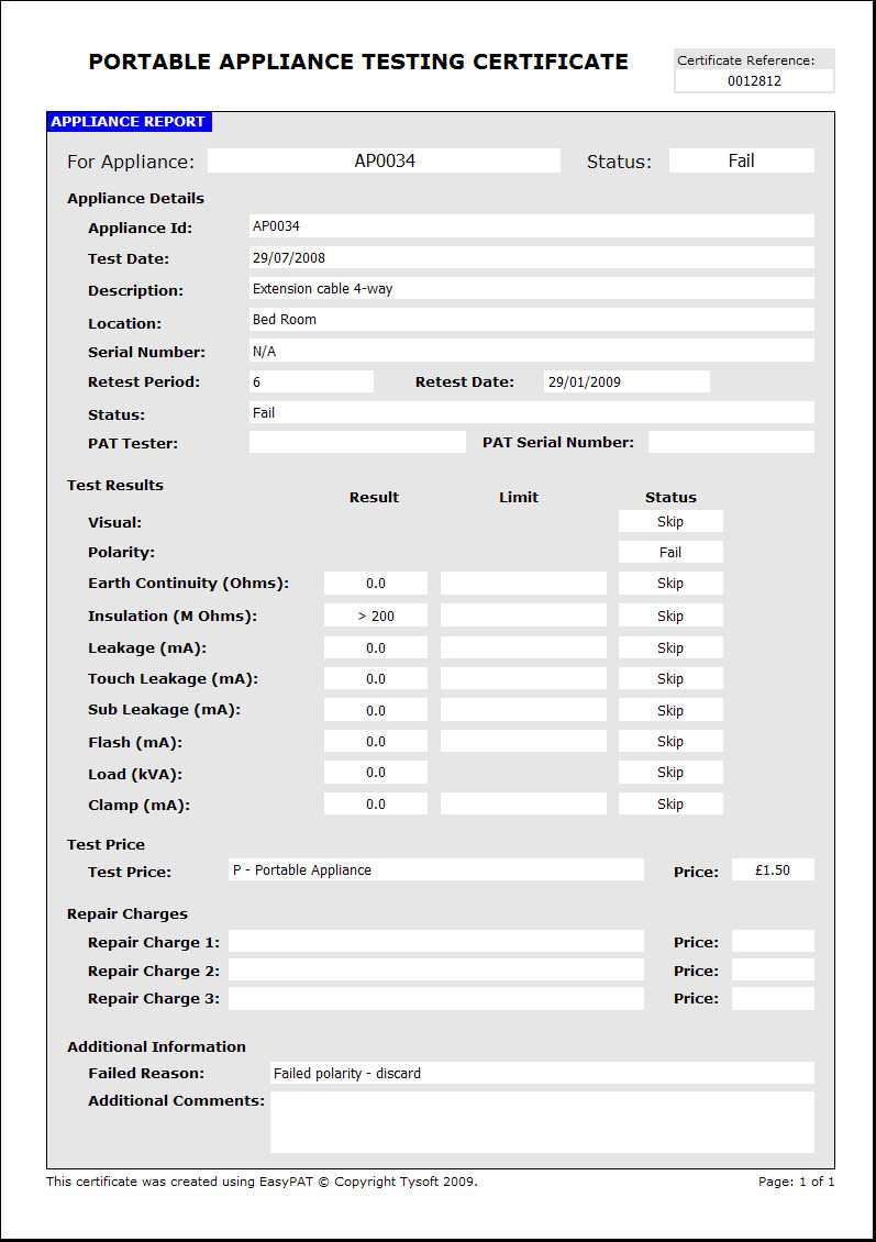 Easypat Portable Appliance Testing Software Throughout Megger Test Report Template