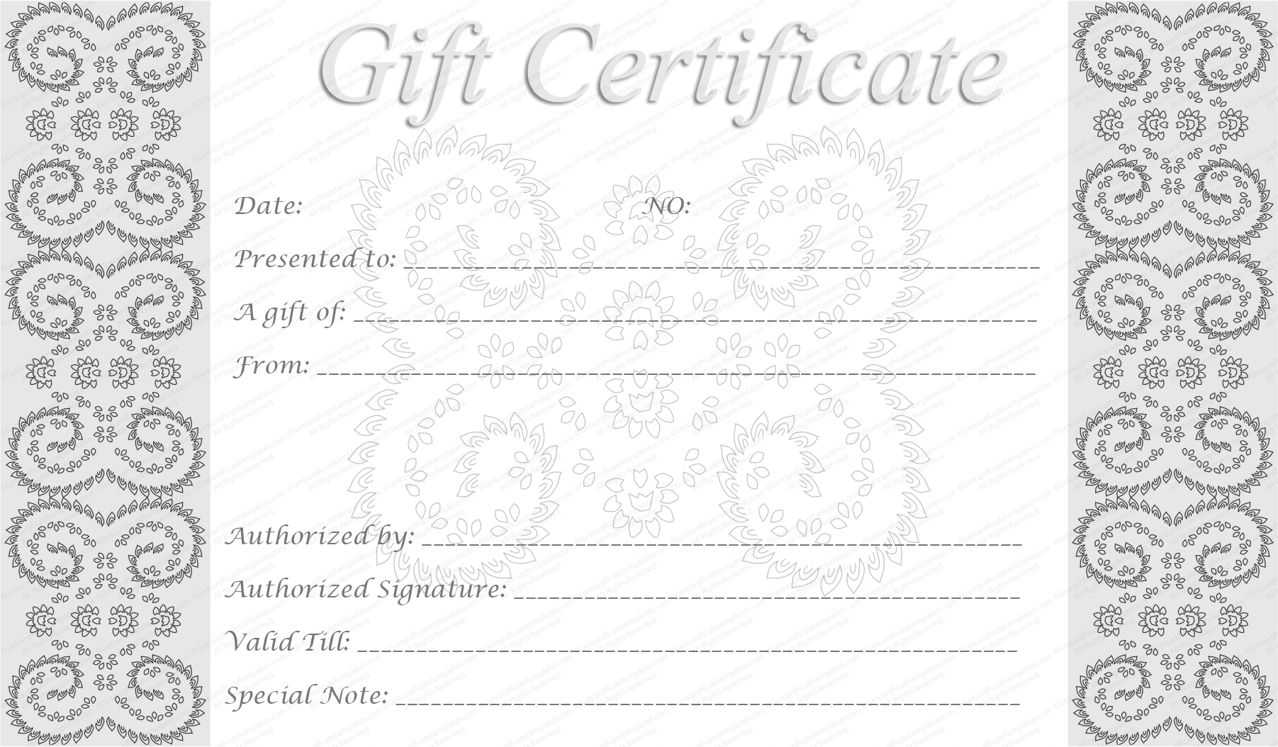 Editable And Printable Silver Swirls Gift Certificate Template Regarding Black And White Gift Certificate Template Free