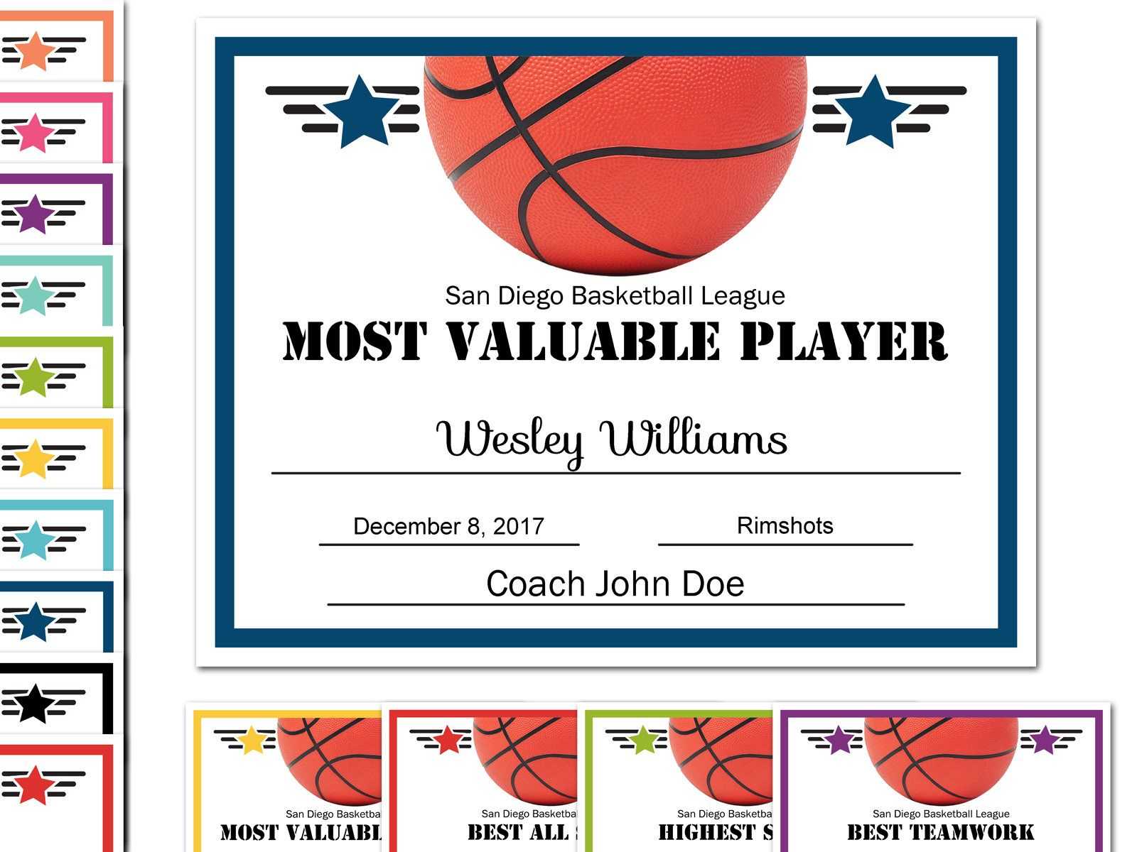 Editable Pdf Sports Team Basketball Certificate Award Pertaining To Basketball Camp Certificate Template