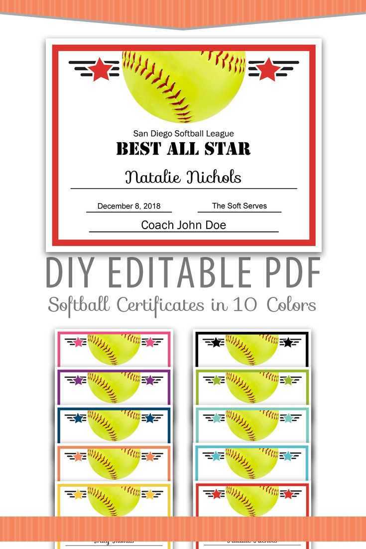 Editable Pdf Sports Team Softball Certificate Award Template Throughout Softball Certificate Templates Free