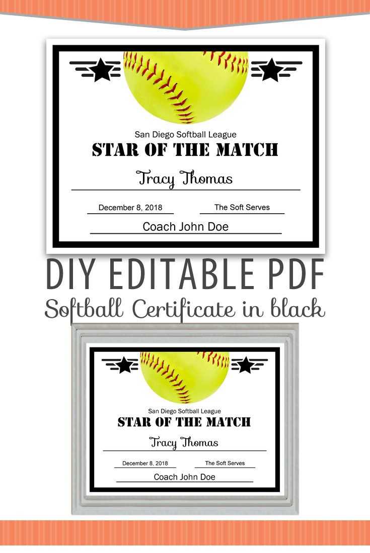 Editable Pdf Sports Team Softball Certificate Diy Award Inside Softball Certificate Templates