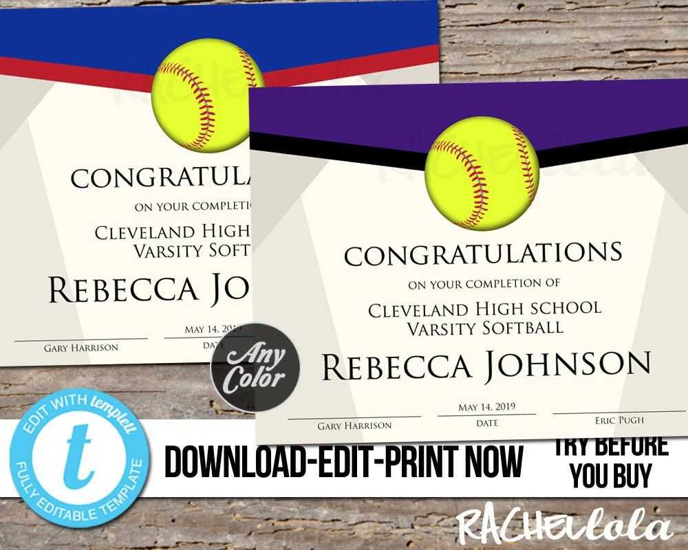 Editable Softball Award Certificate, Custom Printable For Softball Award Certificate Template