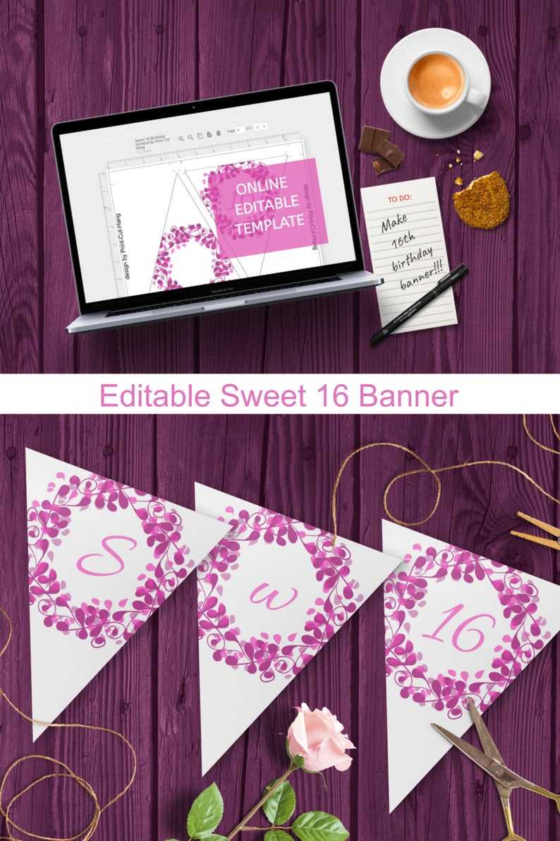 Editable Sweet 16 Banner Template For Pink Purple 16Th Birthday Decoration Within Sweet 16 Banner Template