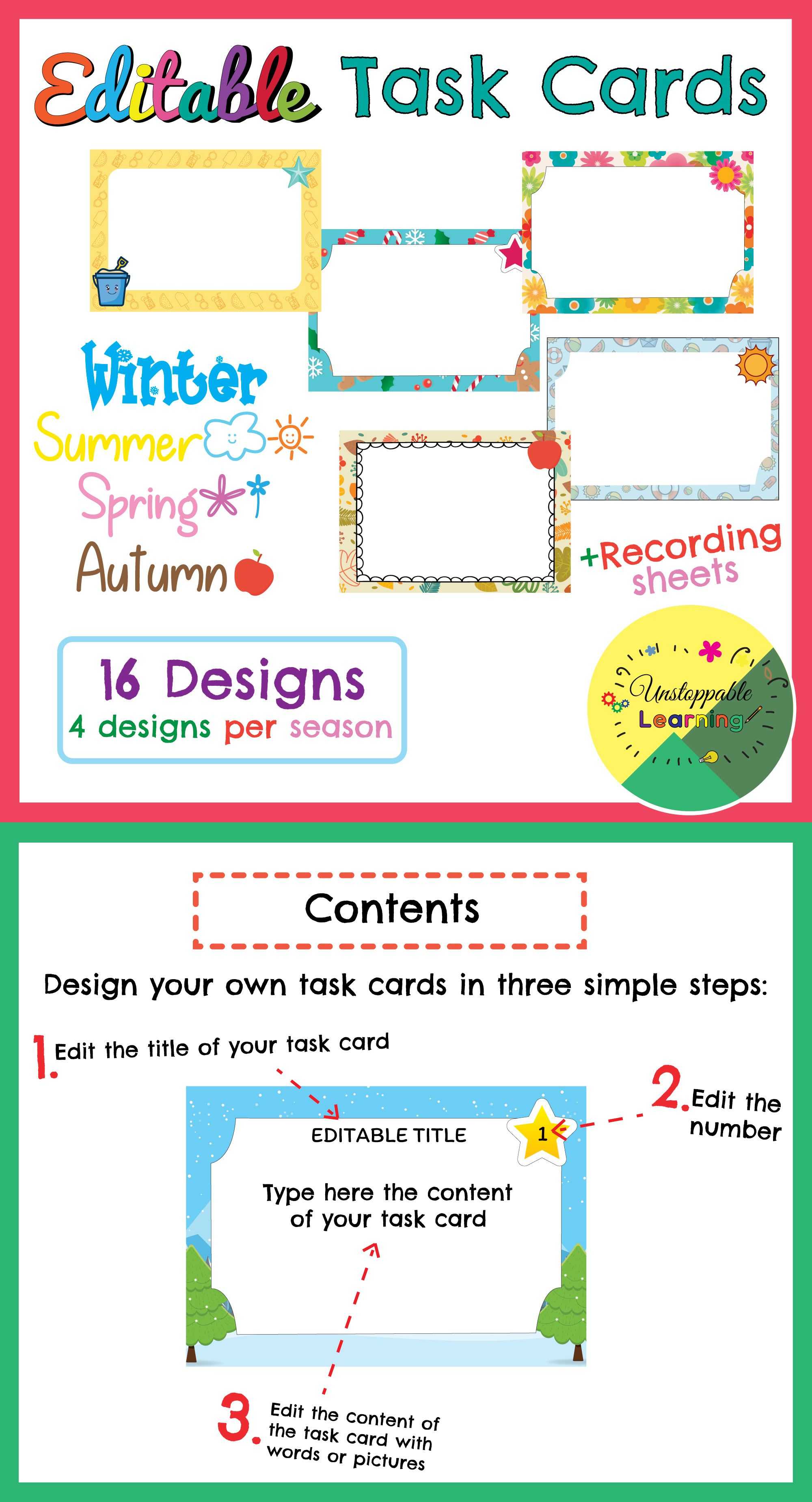 Editable Task Card Templates Seasonal Themed | My Products In Task Cards Template