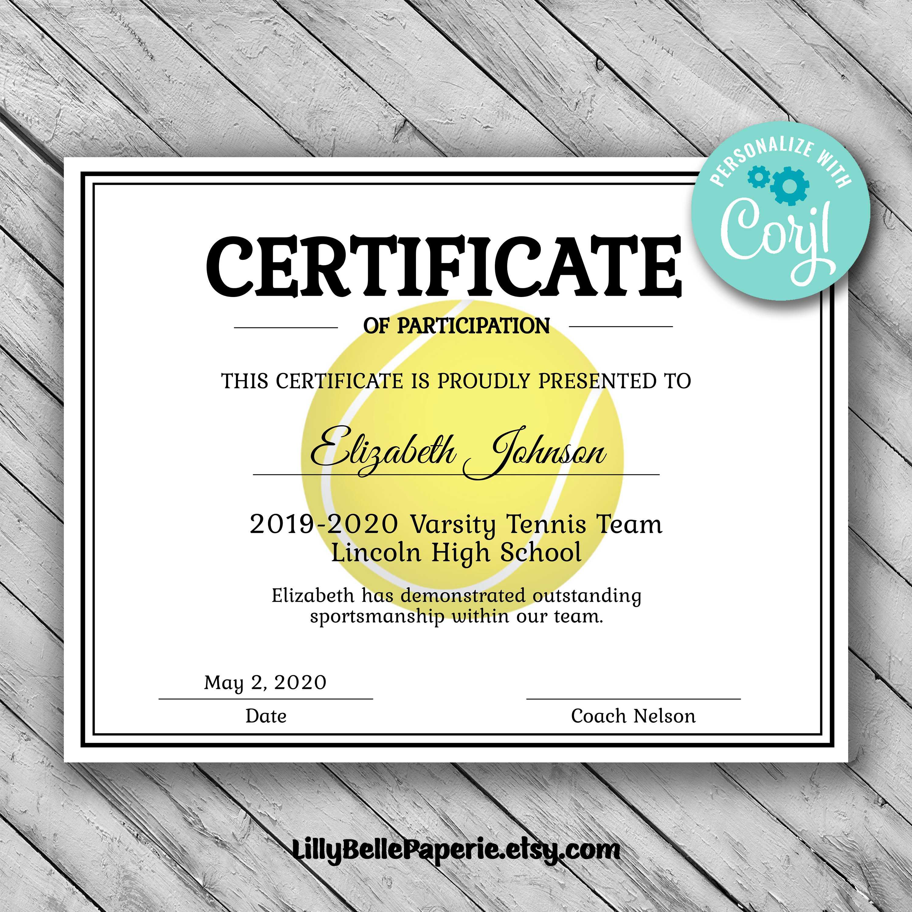 Editable Tennis Certificate Template – Printable Certificate Template –  Tennis Certificate Template Personalized Diploma Certificate Throughout Tennis Certificate Template Free