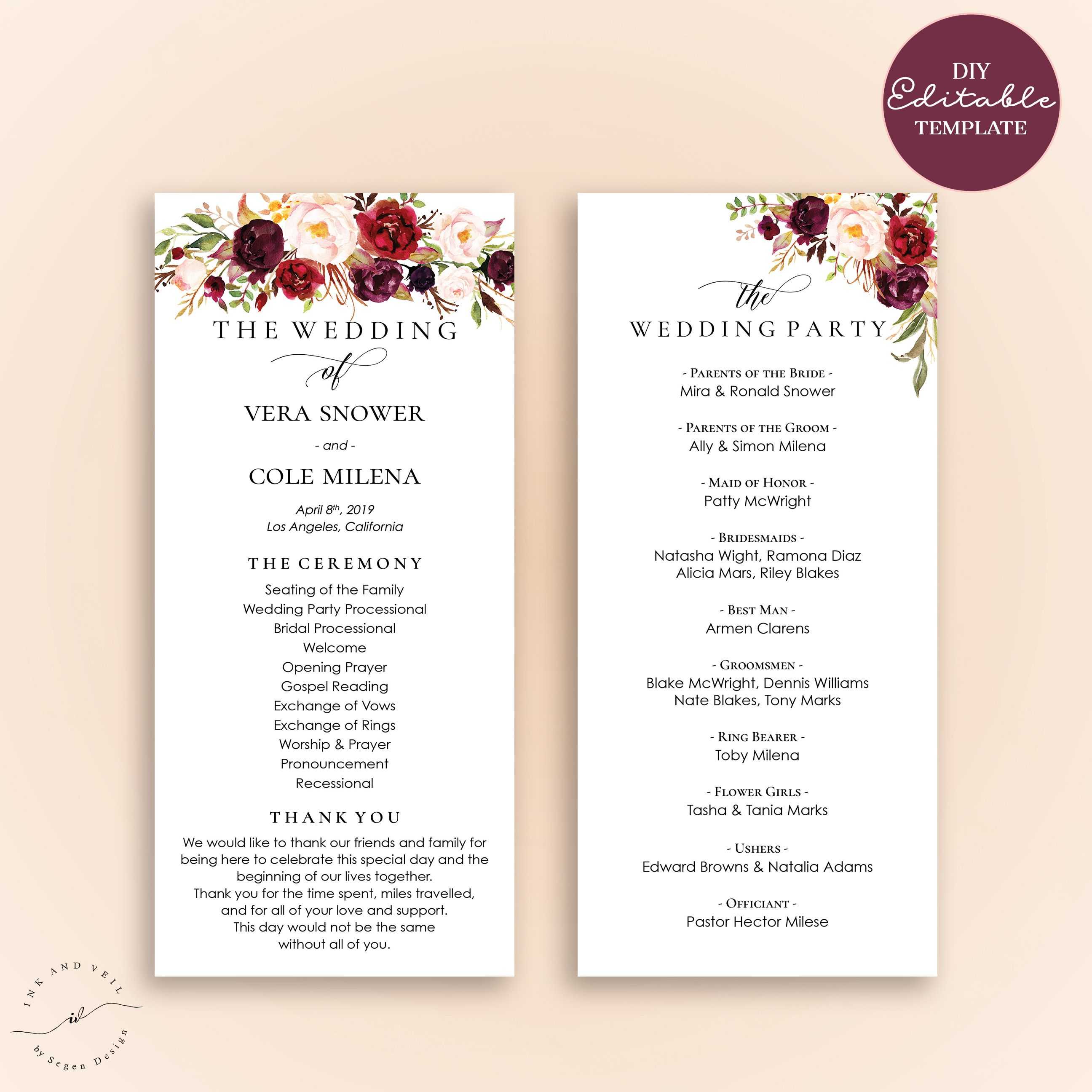 Editable Wedding Program Template, Order Of Ceremony Inside Free Printable Wedding Program Templates Word