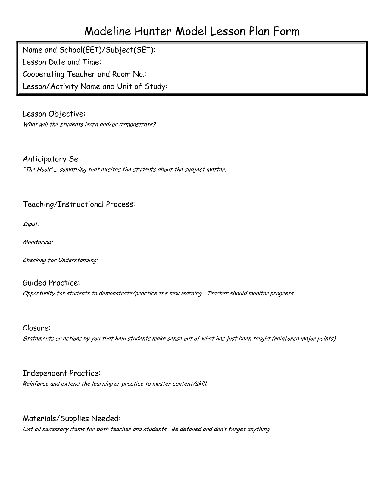 Eei Lesson Plan | Madeline Hunter Lesson Plan, Lesson Plan In Madeline Hunter Lesson Plan Template Blank