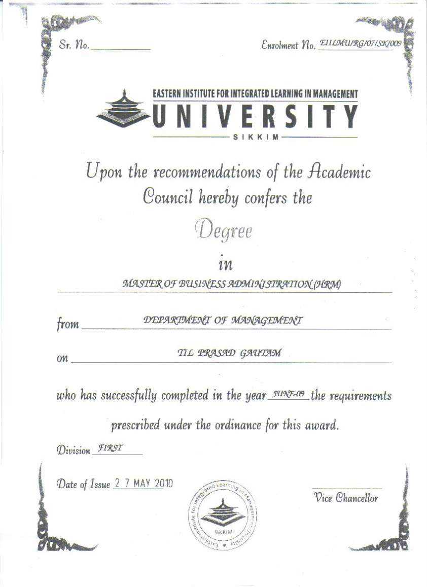 Eiilm University Degree Certificate Sample – 2019 2020 Throughout University Graduation Certificate Template