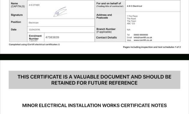 Electrical Certificate - Example Minor Works Certificate intended for Electrical Minor Works Certificate Template