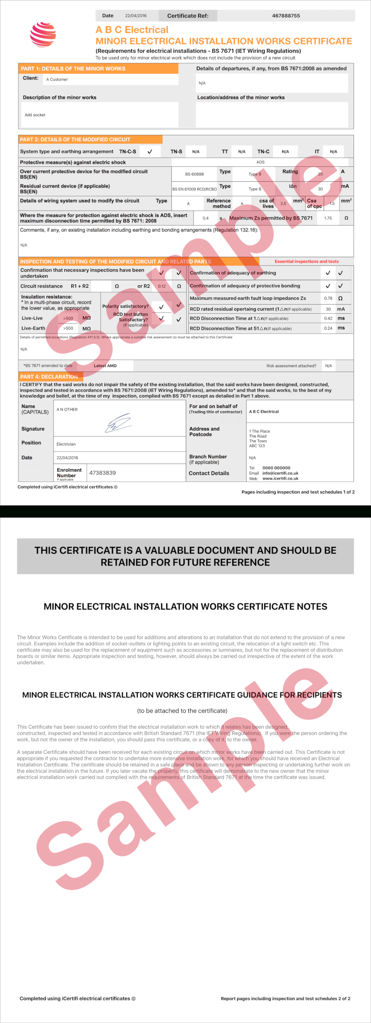 Electrical Certificate - Example Minor Works Certificate Intended For Electrical Minor Works Certificate Template