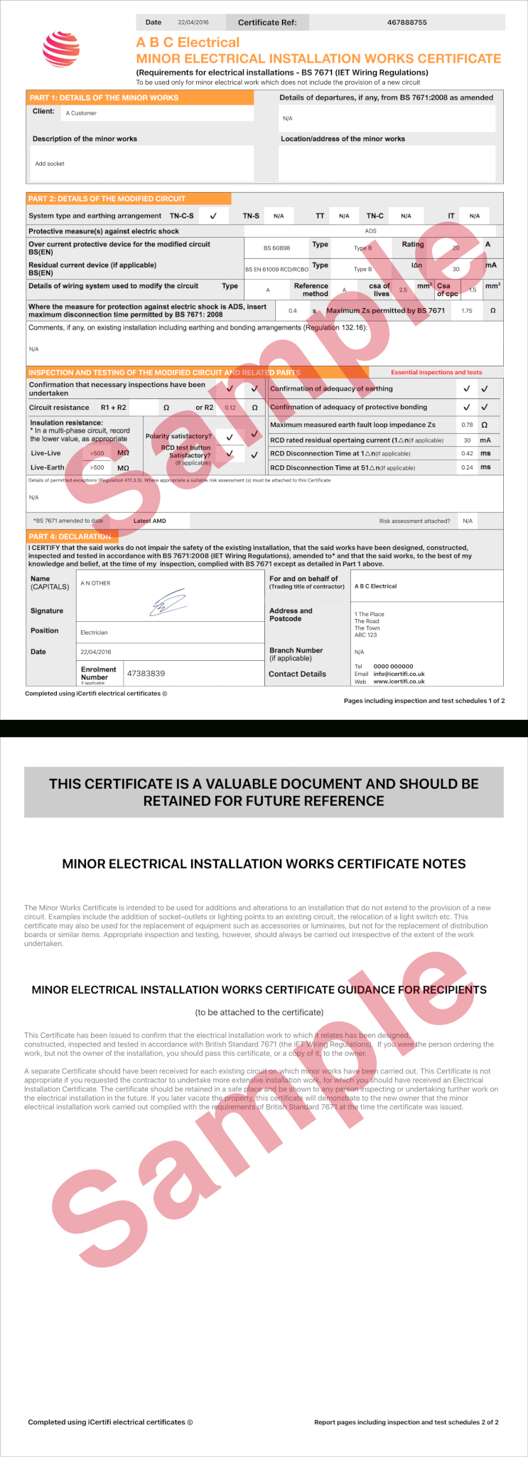 Electrical Certificate – Example Minor Works Certificate Pertaining To Electrical Installation Test Certificate Template