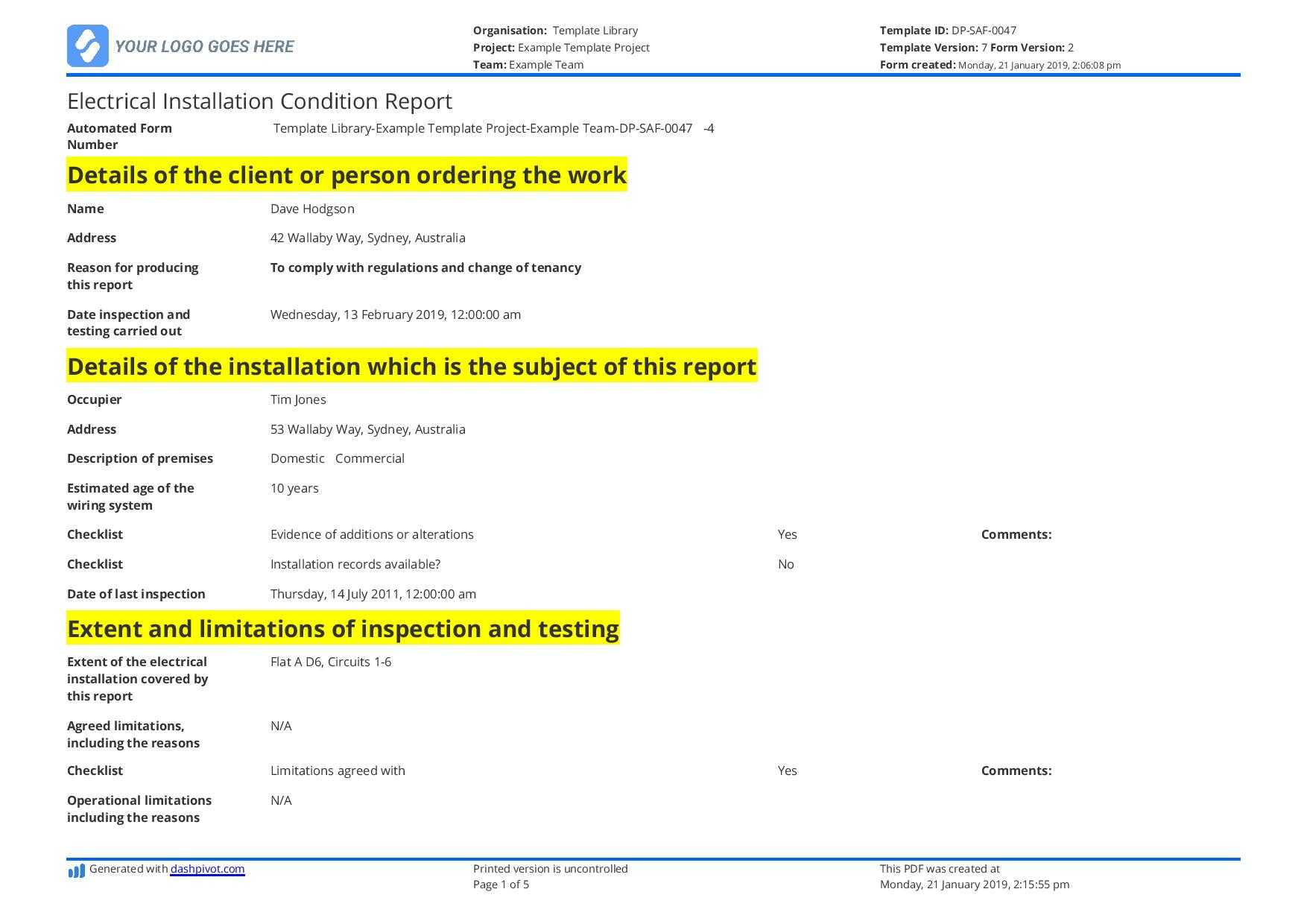 Electrical Installation Condition Report Sample And Free With Regard To Property Condition Assessment Report Template