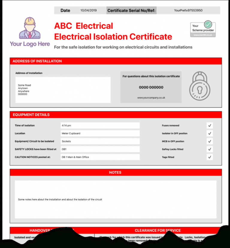 Electrical Isolation Certificate Send Unlimited Within Electrical