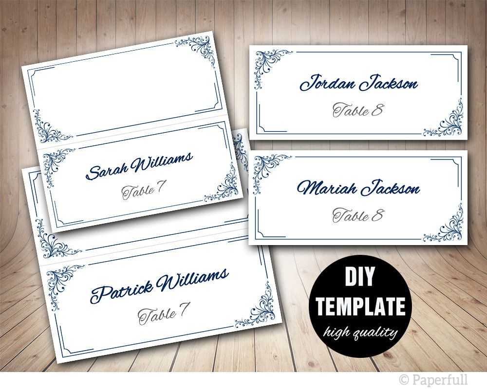 Elegant Wedding Placecard Template Foldover, Blue Place Card Within Fold Over Place Card Template