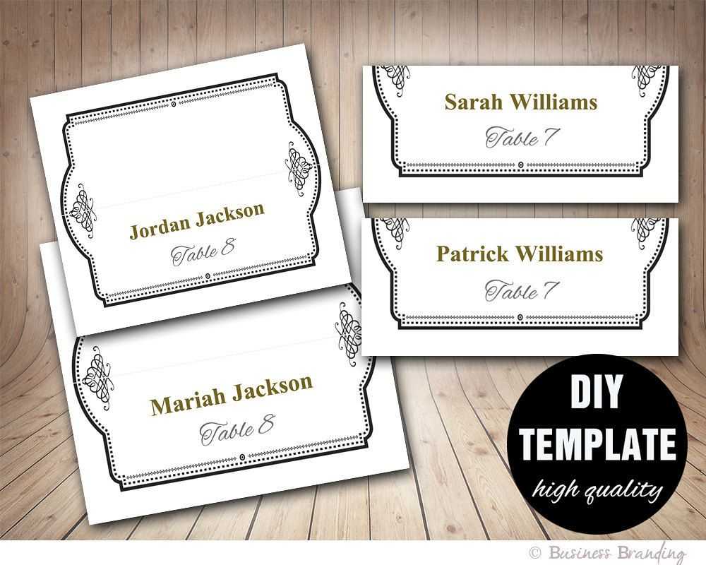 Elegant Wedding Placecard Template Foldover, Diy Black Gold Inside Fold Over Place Card Template