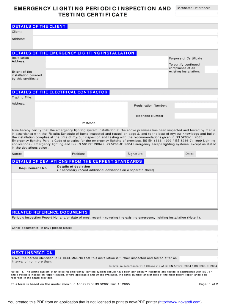 Emergency Lighting Installation Certificate – Fill Online In Electrical Installation Test Certificate Template