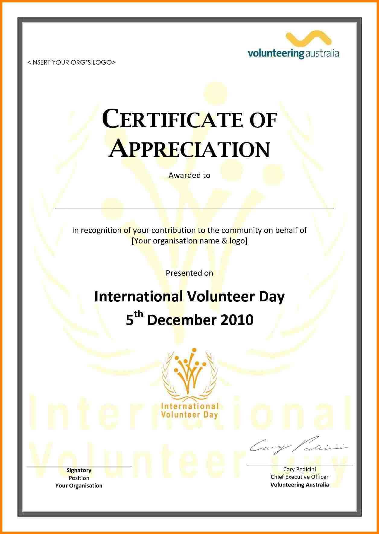 Employee Appreciation Certificate Template Free Resume With Regard To Volunteer Of The Year Certificate Template