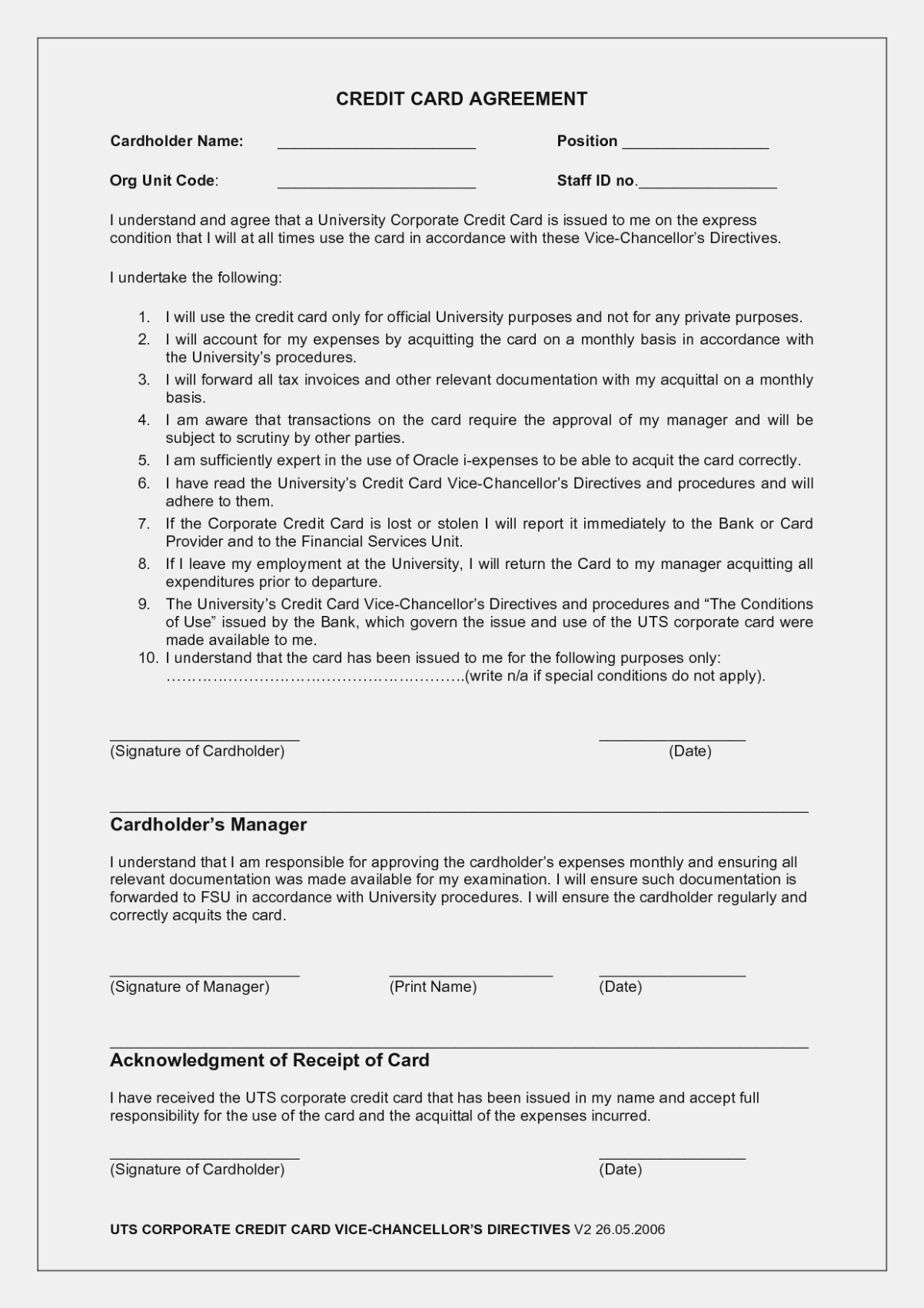Employee Credit Card Agreement Template Word Uk Hartwick Regarding Credit Card Size Template For Word