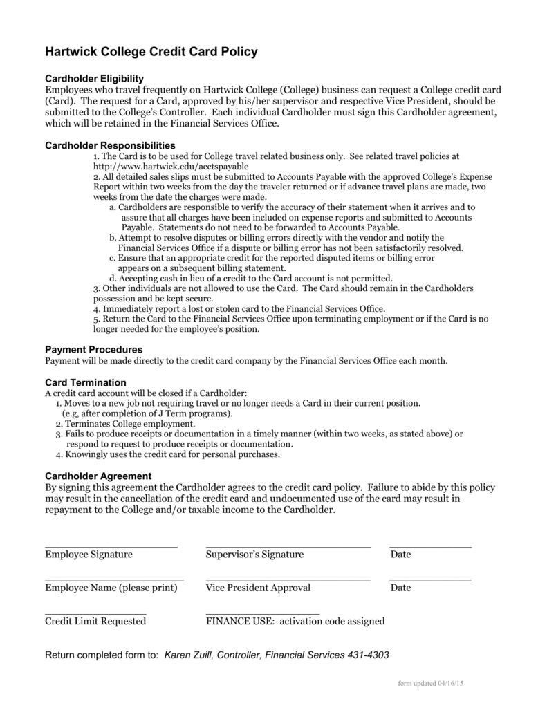 Employee Credit Card Agreement Template Word Uk Hartwick Throughout Corporate Credit Card Agreement Template