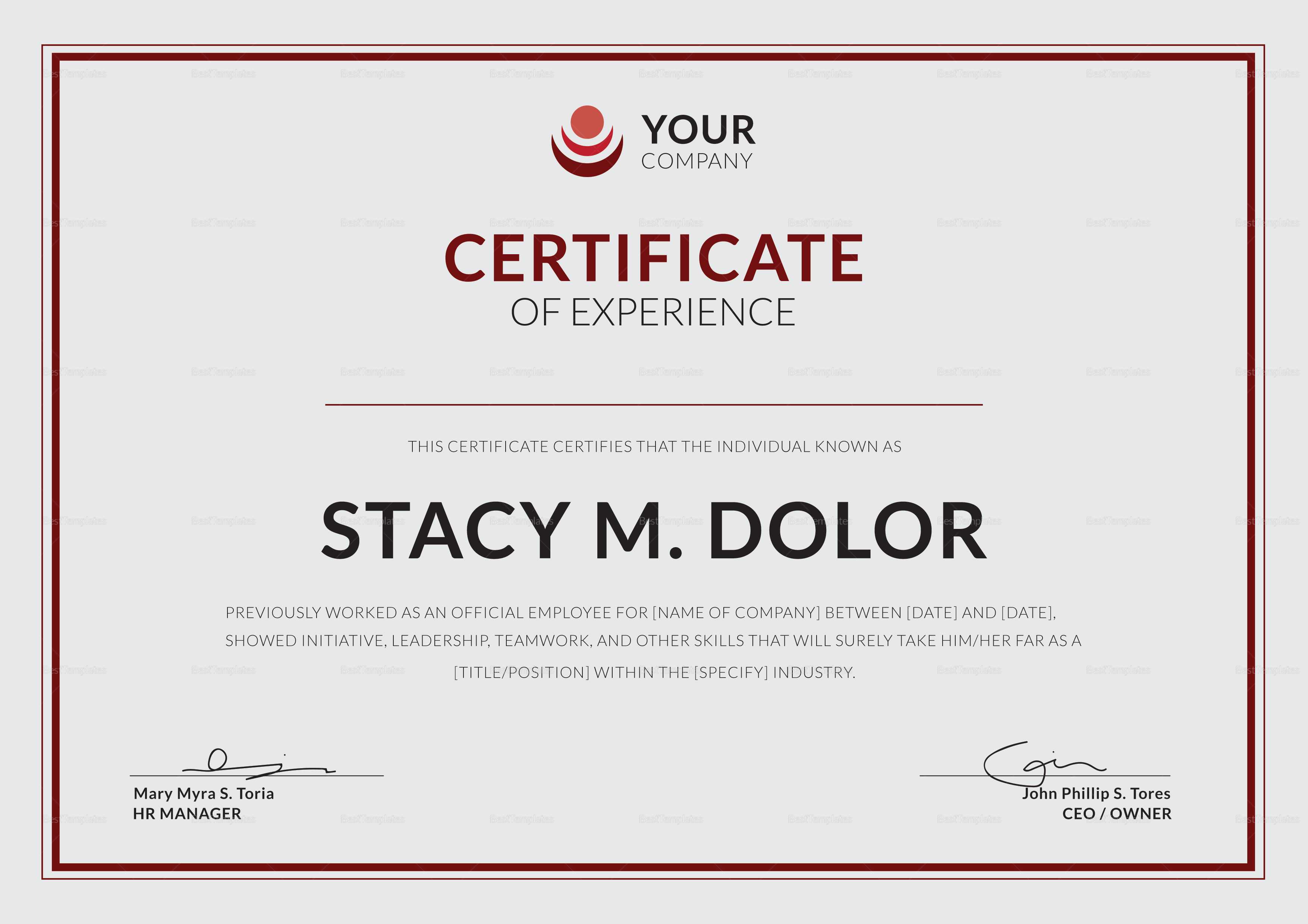 Employee Experience Certificate Template Pertaining To Certificate Of Experience Template