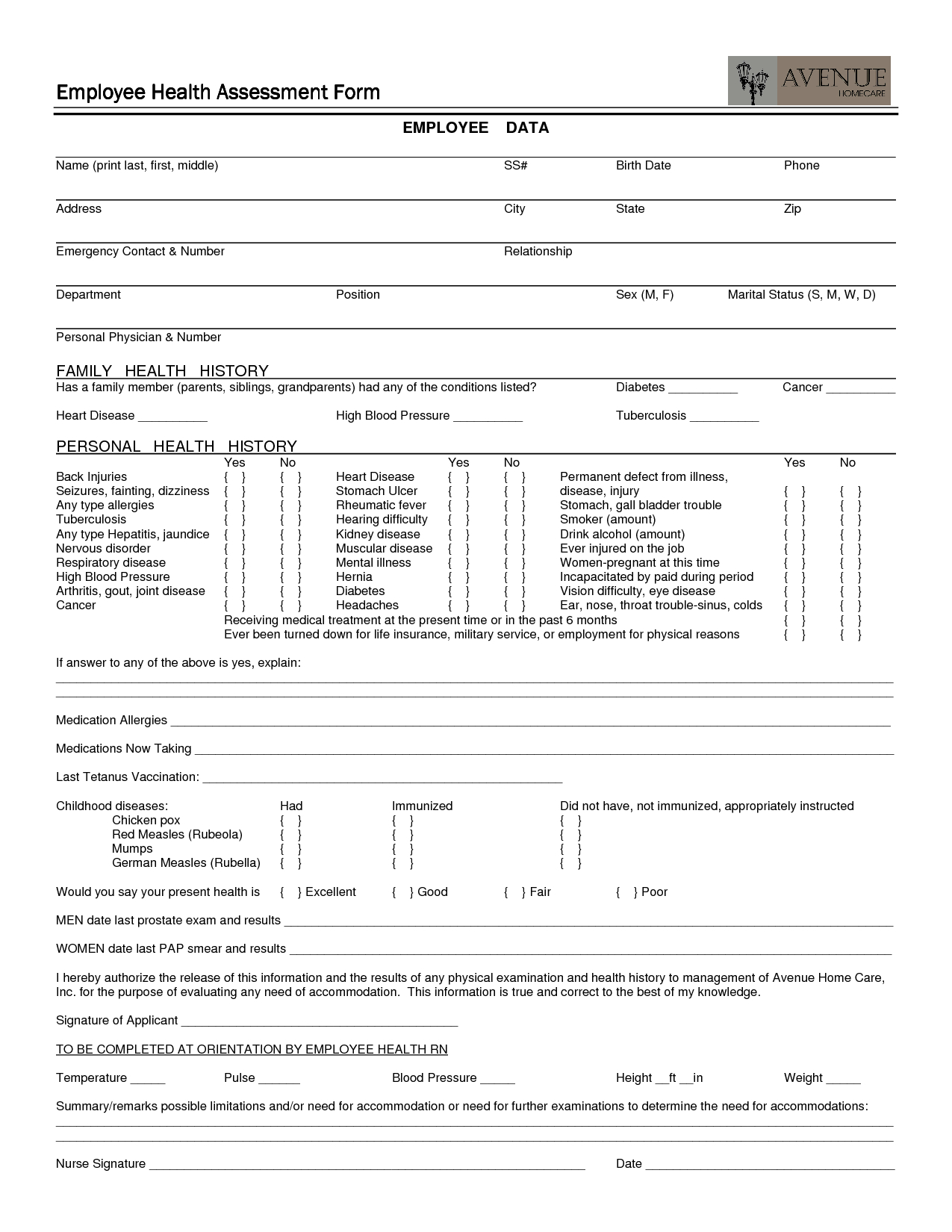 Employee Health Assessment Form #employment #health With Regard To Health Check Report Template