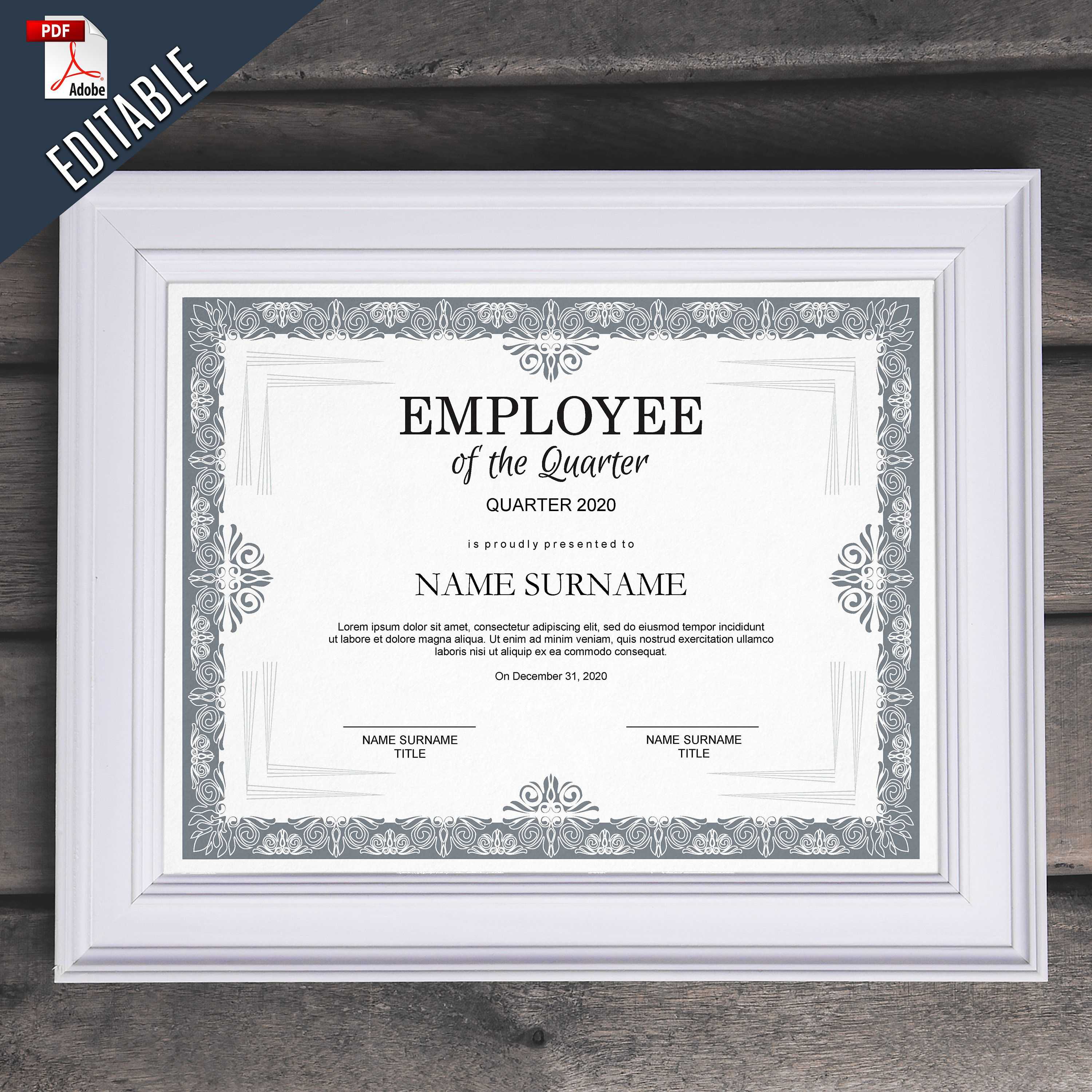 Employee Of The Quarter Editable Template Editable Award For Commemorative Certificate Template