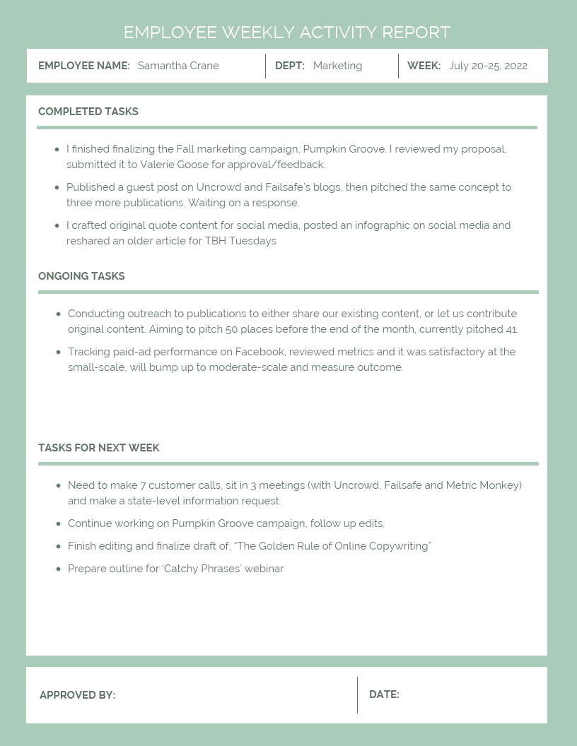 Employee Weekly Activity Report Template – Venngage For Monthly Activity Report Template