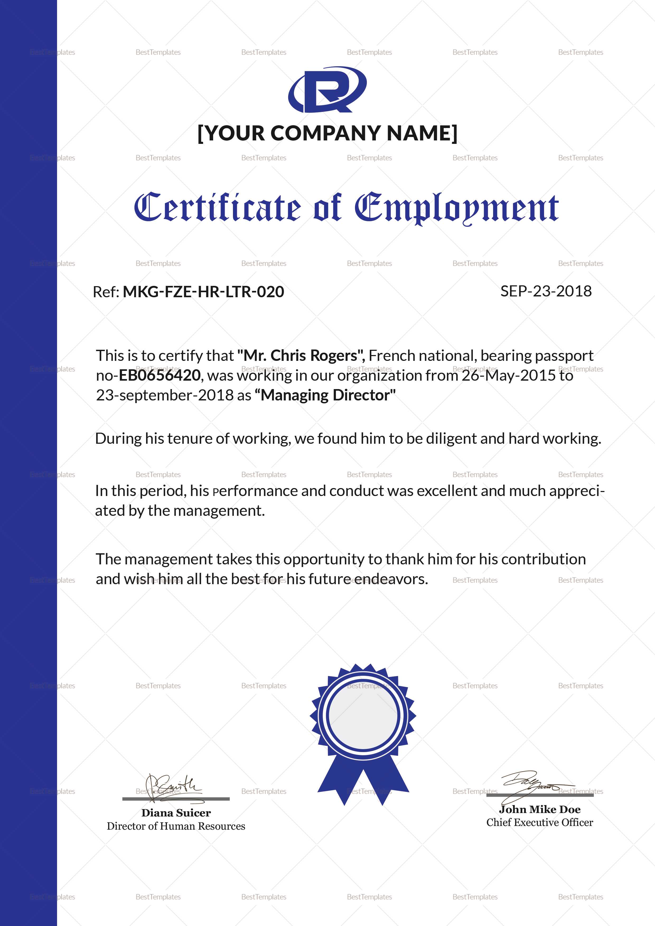 Employment Certificate Template Regarding Template Of Certificate Of Employment