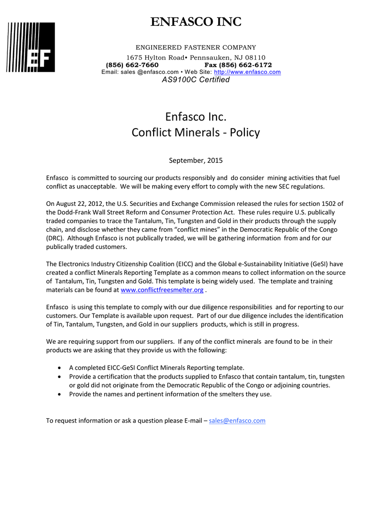 Enfasco Inc Enfasco Inc. Conflict Minerals – Policy For Eicc Conflict Minerals Reporting Template