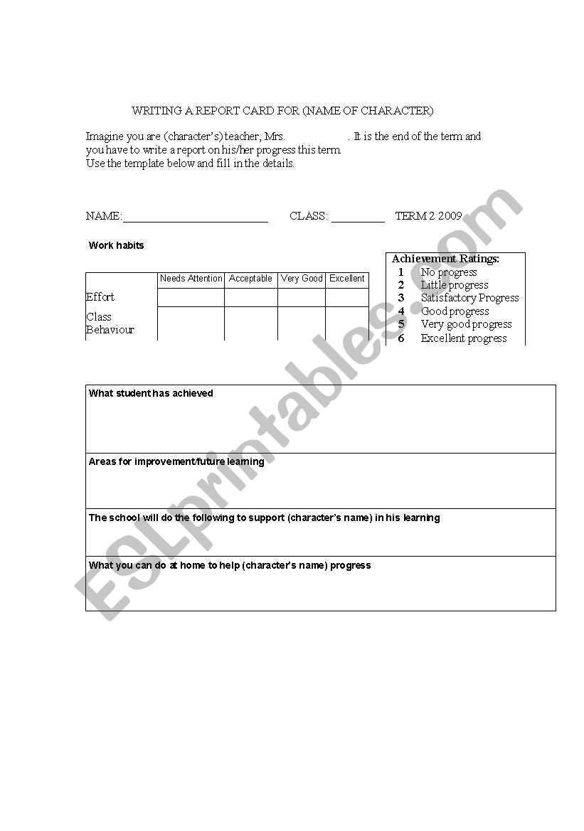English Worksheets: Writng A Report Card For A Character In Character Report Card Template