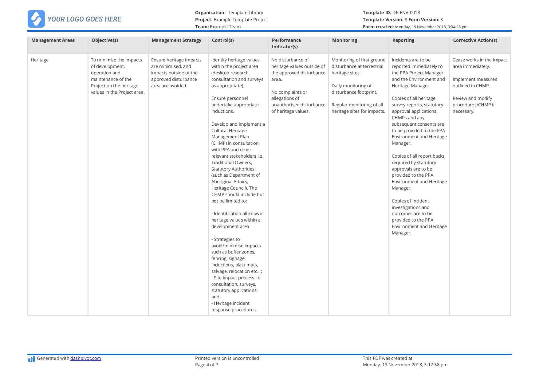 Environmental Management Plan Template (For Construction Throughout Environmental Impact Report Template