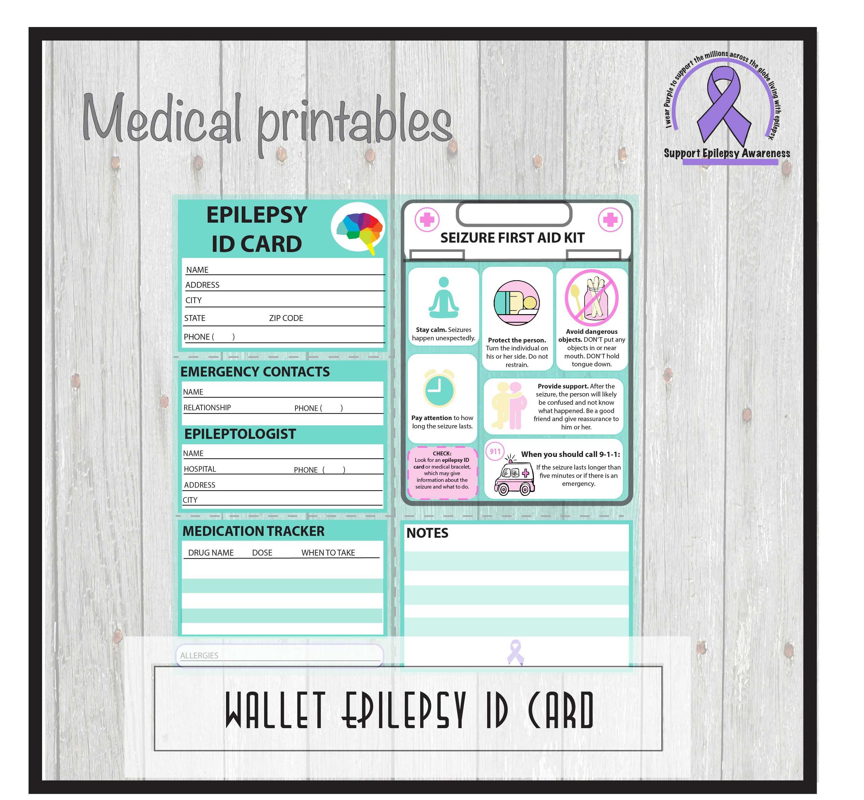 Epilepsy Medical Alert Id Card, Pocket Wallet Id, School With Regard To Medical Alert Wallet Card Template