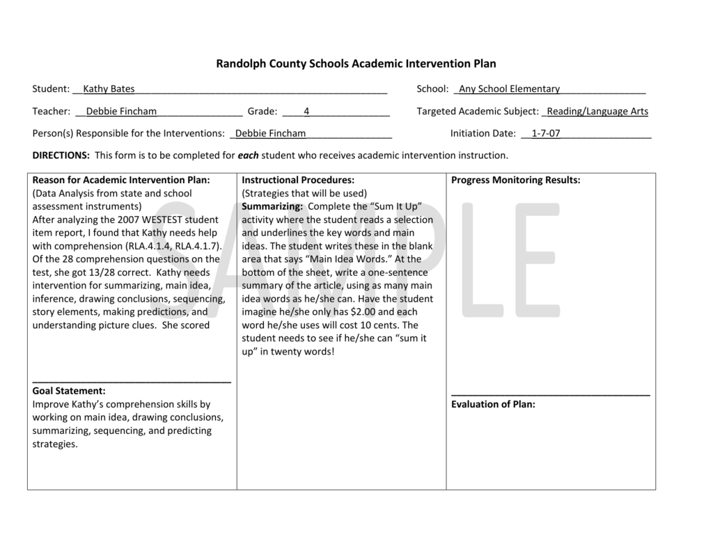 Example Of Academic Intervention Plan For Grades 3 5 Pertaining To Intervention Report Template