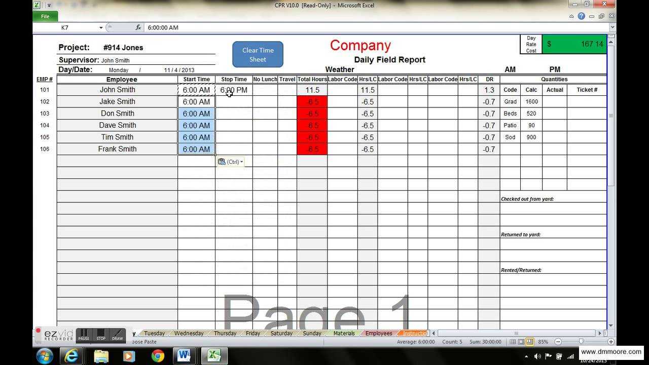 Excel Time Sheet Template And Labor Tracking Tool Cpr Crew Progress Report Inside Job Cost Report Template Excel