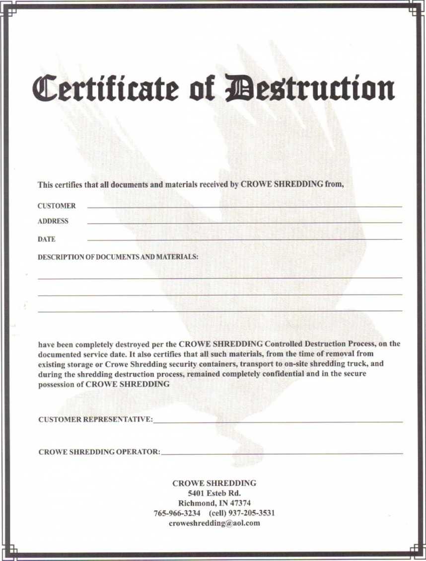 Exceptional Certificate Of Destruction Template Ideas Data Intended For Destruction Certificate Template