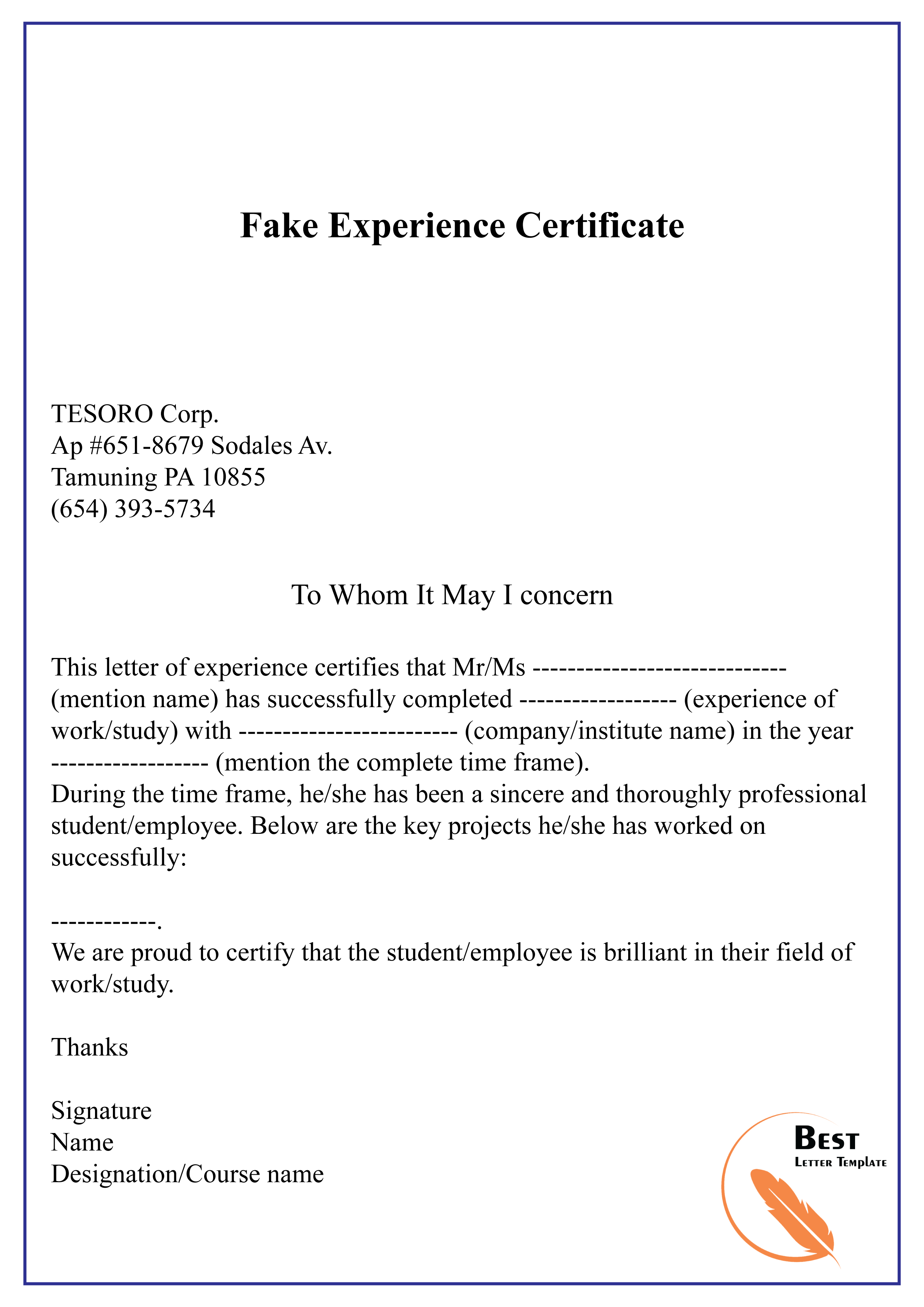 Fake Experience Certificate 01 | Best Letter Template Inside Template Of Experience Certificate