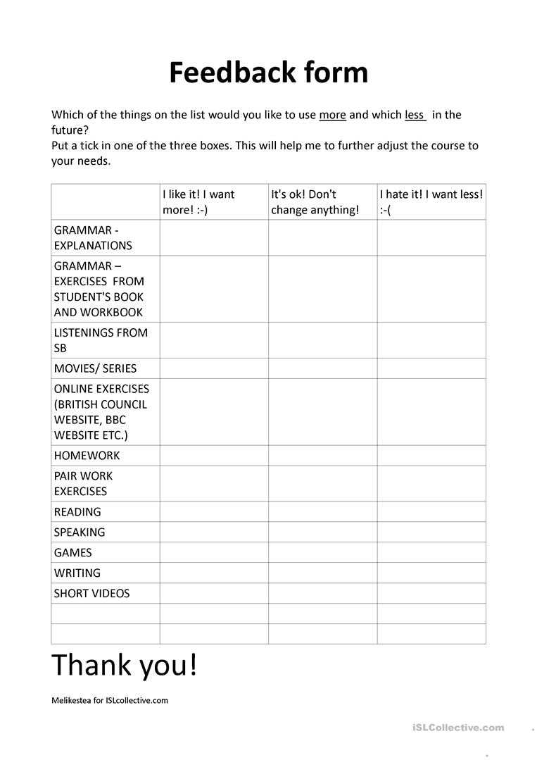 Feedback Form English Esl Worksheets Template | Adrienne Bailon Inside Student Feedback Form Template Word