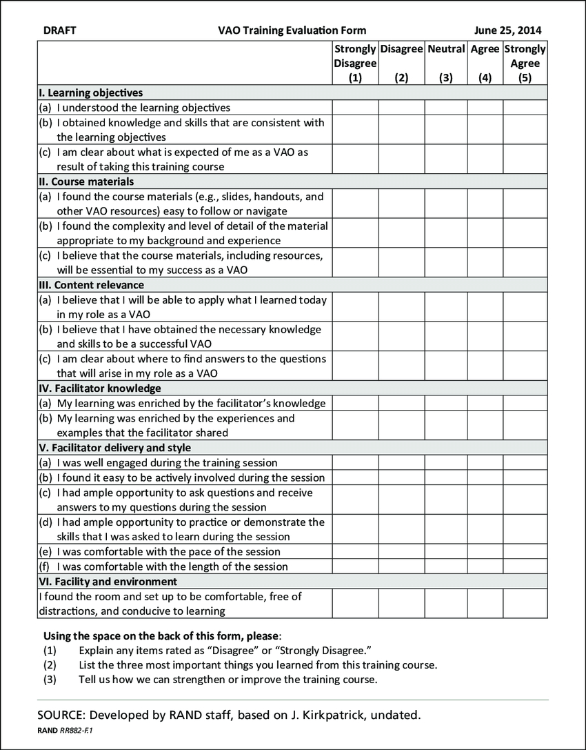 Figure F.1 Proposed Training Evaluation Form, Page 1 Intended For Training Evaluation Report Template